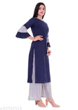 Dark Blue Gold Floral Printed Cotton Kurta Plazzo Sets for Party/Office, Three-Quarter Sleeve, Indian Ethnic wear