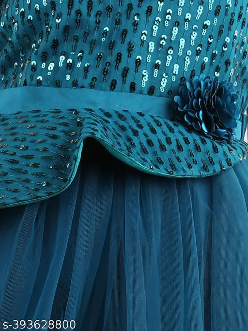 Teal blue embellished net dress for girls party wear (India), 1-2 years size
