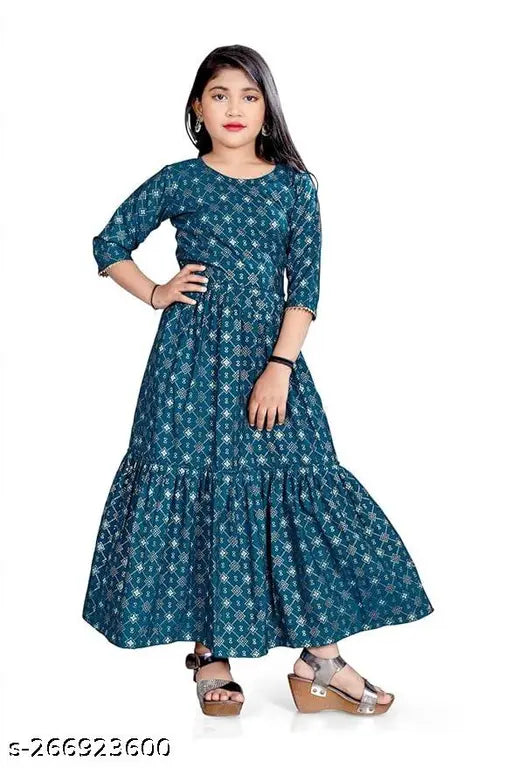 Polycotton shoulder bow kids maxi dress, vibrant prints and three-quarter sleeves - ideal for summer parties, handcrafted in India