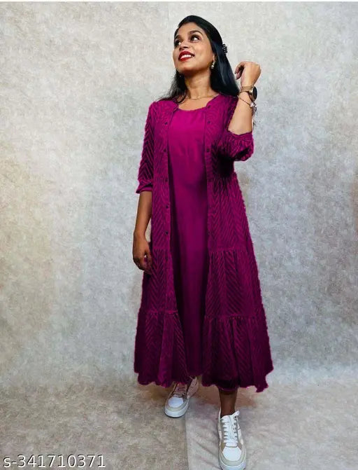 Georgette fabric Zikzak weaving lines jacket kurta, printed combo - attractive three-quarter sleeve Indian garment