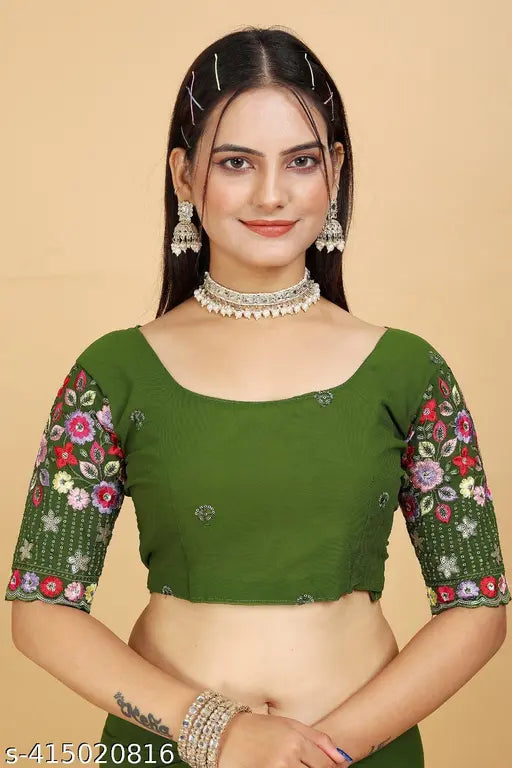 Georgette saree with embroidered blouse piece, Indian women's fashion in solid floral design