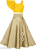 Orange-Chiku silk cotton blend embellished lehenga choli fusion wear with sleeveless crop top, flared shape and mirror work, suitable for 2-14 years, handcrafted in India