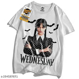 White polyester unisex casual wear round neck half sleeve Wednesday printed T-shirt, comfortable and high-quality fit for both men and women