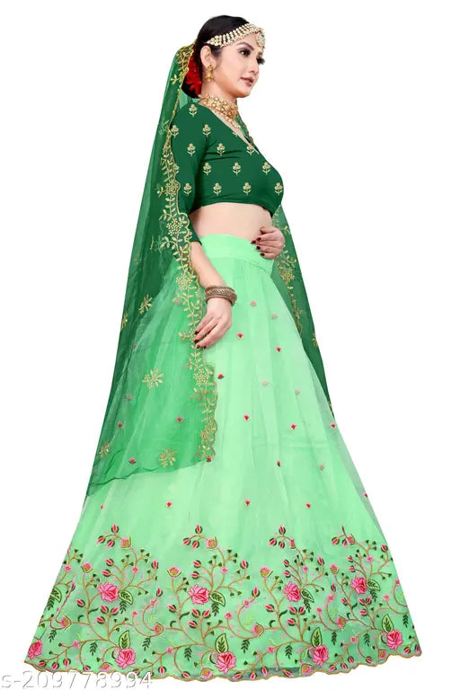 Embroidered dupion lehenga choli with net dupatta, heavy multi-thread work in silk blouse and net fabric, Indian wedding attire on display