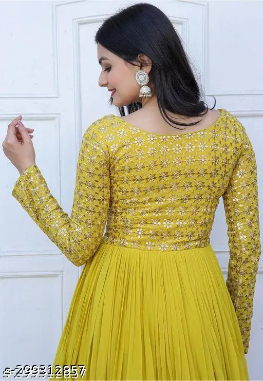 Stylish ethnic sequin Georgette gown with long sleeves, embroidered net, and 7mm sequins, India-made for special occasions