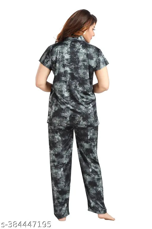 Trending printed satin nightwear set for women and girls - short-sleeved shirt and pyjamas with printed pattern, available in M, L, XL, XXL sizes