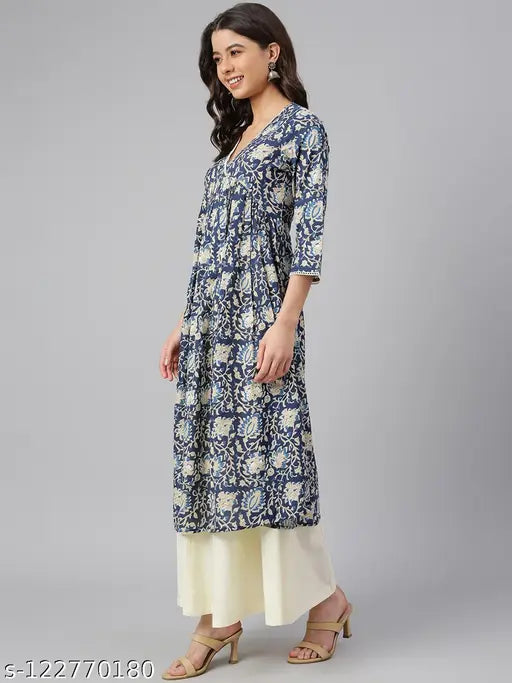 Navy blue cotton floral print flared kurta, three-quarter sleeves, multicolor kalamkari print, Indian craftsmanship