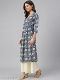 Navy blue cotton floral print flared kurta, three-quarter sleeves, multicolor kalamkari print, Indian craftsmanship