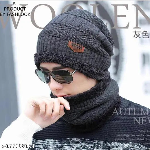 Dark grey wool balaclava cap with fur pattern, onesize from India