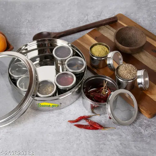 Stainless steel HomePro Neelam Masala Dabba, airtight with 9 small containers (22.5cm diameter), Indian kitchen essential