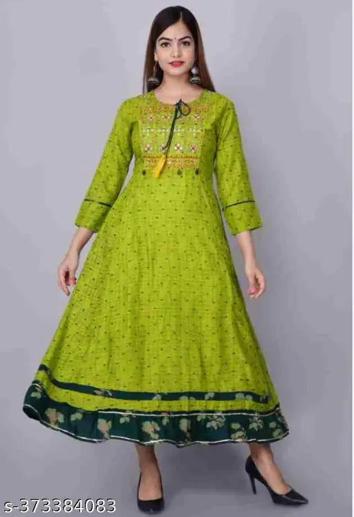 Green rayon Anarkali kurti, three-quarter sleeves, printed combo, India origin