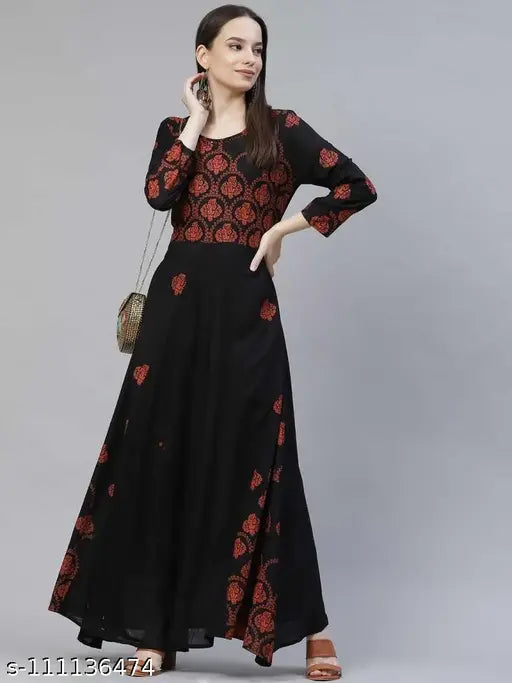 Blue rayon A-line midi dress with three-quarter sleeves and floral print, gold accents