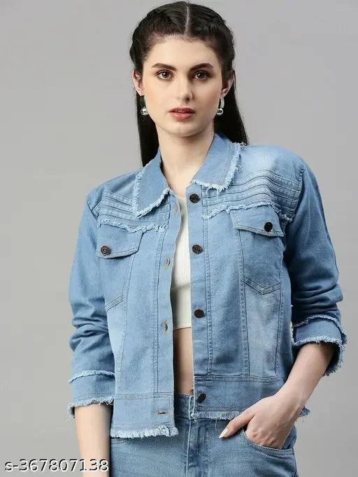 Light Blue Denim Women's Jacket, trendy, sturdy, long sleeves, solid pattern, suitable for all seasons and occasions, made in India