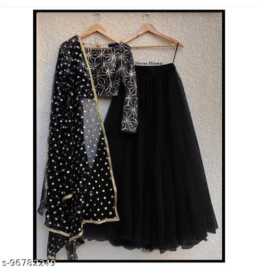 Embroidered satin lehenga, net dupatta set, Indian traditional topwear and accessory