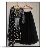 Embroidered satin lehenga, net dupatta set, Indian traditional topwear and accessory