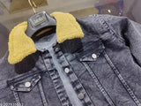 Black denim Calar fur nited jacket with long sleeves, dyed/washed pattern, for teenagers (ages 12-16), origin India