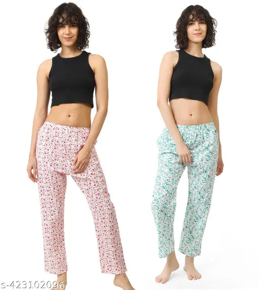Women's cotton printed track pant pajamas, maxi length lounge wear set in soft cotton fabric, India origin
