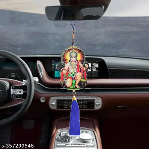 Blue tassel Shiv Jagdamba religious Lord Hanuman auto showpiece, decorative wall hanging for good luck and gifting. Made of wood with a round shape (60mm height x 40mm width), suitable for car interiors