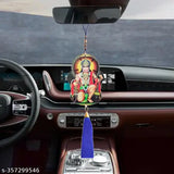 Blue tassel Shiv Jagdamba religious Lord Hanuman auto showpiece, decorative wall hanging for good luck and gifting. Made of wood with a round shape (60mm height x 40mm width), suitable for car interiors