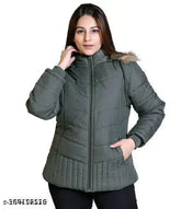 Winter grey nylon jacket, long sleeves, solid design, size L (bust 40in, length 28in), made in India