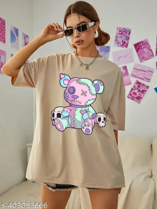 Cotton peach oversize baggy t-shirt with beige and black print, short sleeves, women's casual stylish latest under $200, XS to XXL sizes available