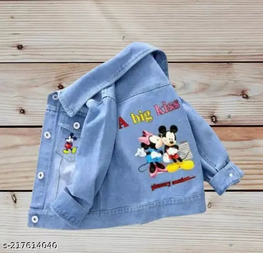 Denim Mickey kiss girls jacket, long sleeves with printed design for kids aged 3-8. Made in India
