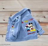Denim Mickey kiss girls jacket, long sleeves with printed design for kids aged 3-8. Made in India