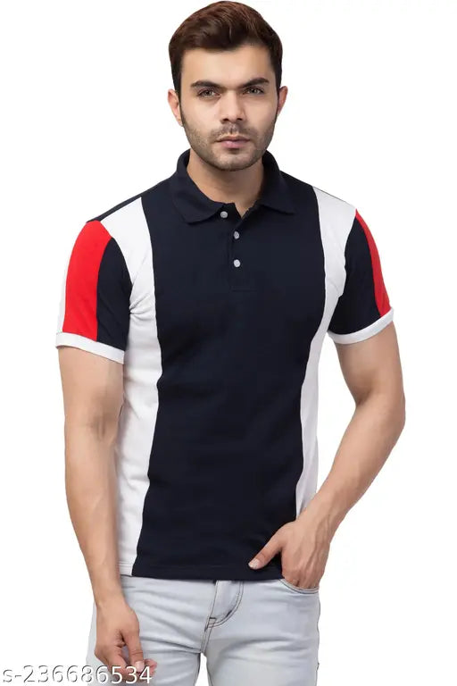 Colorblocked cotton polo neck tee for men, stylish and short sleeved, M: 38in chest, 27in length; L: 40in chest, 28in length