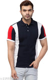 Colorblocked cotton polo neck tee for men, stylish and short sleeved, M: 38in chest, 27in length; L: 40in chest, 28in length