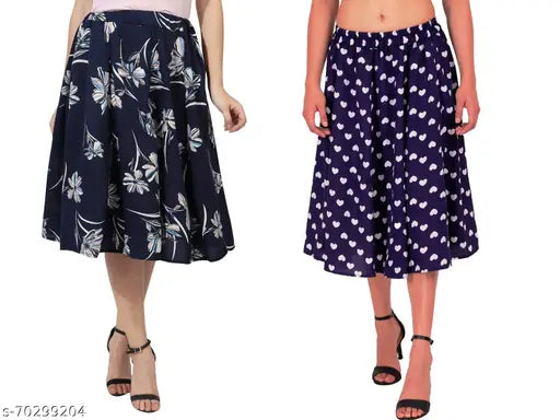 White floral & blue heart print mid-calf length IBPanel polyester skirt combo, Indian-made flared skirt for women (26, 28, 30, 32, 34 waist sizes)