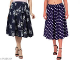 White floral & blue heart print mid-calf length IBPanel polyester skirt combo, Indian-made flared skirt for women (26, 28, 30, 32, 34 waist sizes)