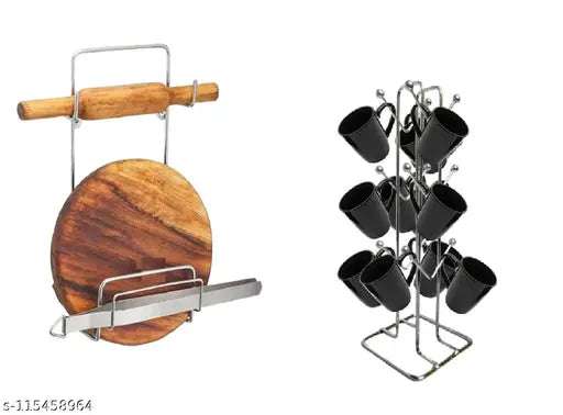 Stainless Steel Alight combo pack: Ladle cradle, Chakla belan holder, spoon stand, cup stand, spice rack, plate stand - Indian kitchen storage solution