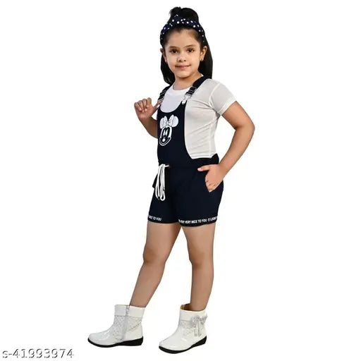 Cotton blend kids dungarees: white half sleeve t-shirt, navy blue printed set (ages 1-6)