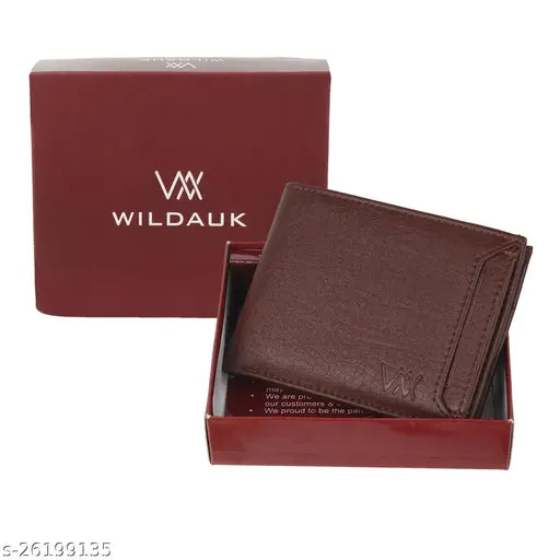 Brown PU leather wallet for men by Wildauk, features 7 card slots, additional pockets for ATM cards, compact size