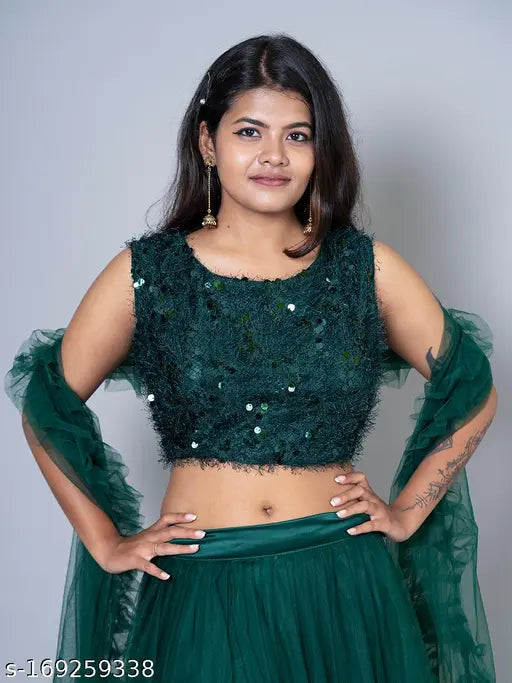 Green art silk ruffle lehenga blouse, embellished choli & net dupatta set - Indian Indo-Western fashion