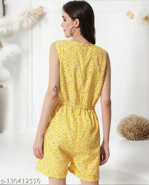 Yellow crepe sleeveless floral print short jumpsuit for women, suitable for parties and casual occasions, made in India