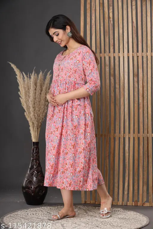 Pure cotton floral printed maternity gown with three-quarter sleeves, rayon fabric, A-line style. India origin