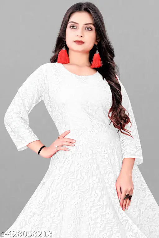 White Anarkali net gown kurtis, Chikankari embroidery on three-quarter sleeves, India's textile heritage for women & girls, S - B36 L48, M - B38 L48, L - B40 L48, XL - B42 L48, XXL - B44 L48