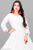 White Anarkali net gown kurtis, Chikankari embroidery on three-quarter sleeves, India's textile heritage for women & girls, S - B36 L48, M - B38 L48, L - B40 L48, XL - B42 L48, XXL - B44 L48