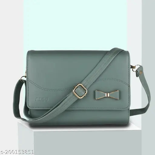 Green faux leather sling bag with detachable straps, 4 compartments, card slots - modern accessory for women