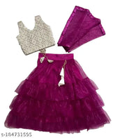 Kids taffeta silk lehenga-choli set, floral stitch design on net dupatta and sleeveless top, upgrades little princess's wardrobe