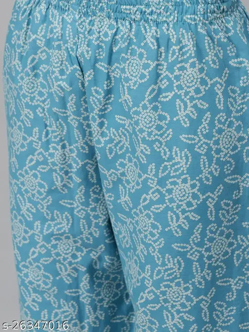 Sky Cotton Kurta Palazzo Set, cotton printed calf-length straight fit mandarin collar kurta with regular sleeves, paired with same color palazzos. Women's stylish and comfortable Indian apparel from HIGHLIGHT FASHION EXPORT. Origin: India