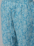 Sky Cotton Kurta Palazzo Set, cotton printed calf-length straight fit mandarin collar kurta with regular sleeves, paired with same color palazzos. Women's stylish and comfortable Indian apparel from HIGHLIGHT FASHION EXPORT. Origin: India