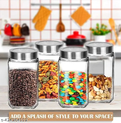 Transparent BPA-Free glass kitchen storage jar (6 pack), ideal for organizing spices, pickles, dry fruits, and more in the pantry. Sleek design for countertop display