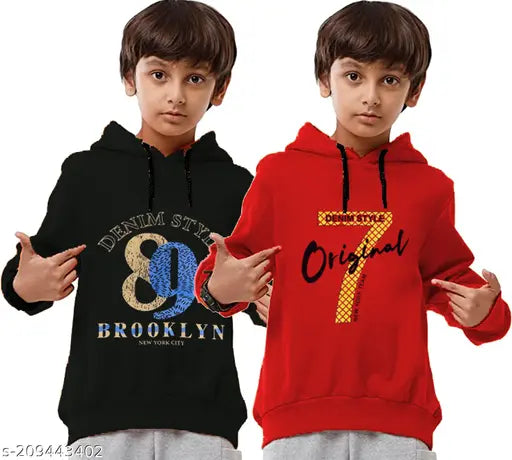 Boys cotton blend sweatshirts/hoodies pack of 2 in long sleeves with printed design, suitable for casual and winter wear. Variety of colors available, sizes range from 2-3 years to 13-14 years. Indian origin