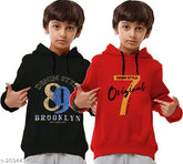 Boys cotton blend sweatshirts/hoodies pack of 2 in long sleeves with printed design, suitable for casual and winter wear. Variety of colors available, sizes range from 2-3 years to 13-14 years. Indian origin