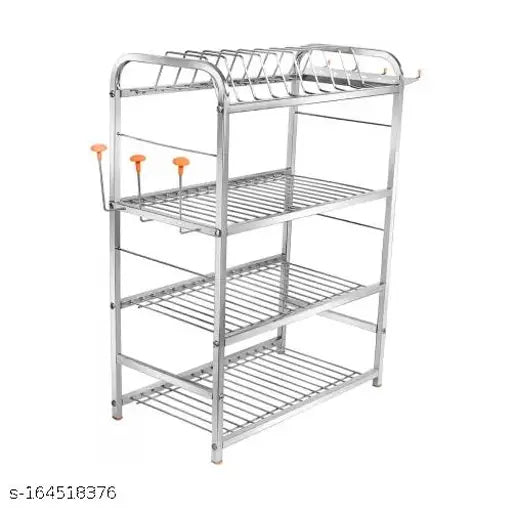 Stainless steel 4-shelf kitchen rack with dish and cutlery stand, modular storage for compact 31x24 inches kitchen