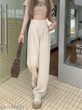 Beige cotton blend wide leg trouser pants for back to office - solid design, size XS-XL