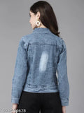 Blue denim solid jacket by Aarika, long sleeves, size S (bust 34in, length 20in), made in India