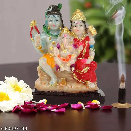 Multicolor resin Shiva Parvati Ganesh idol sculpture, intricate handcrafted Hindu figurine for home decor